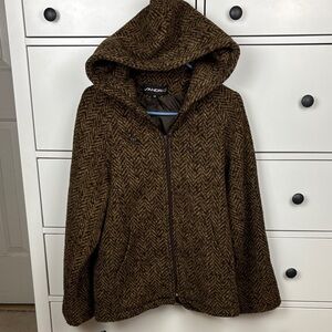 Sandro Brown Herringbone Hooded Wool Coat